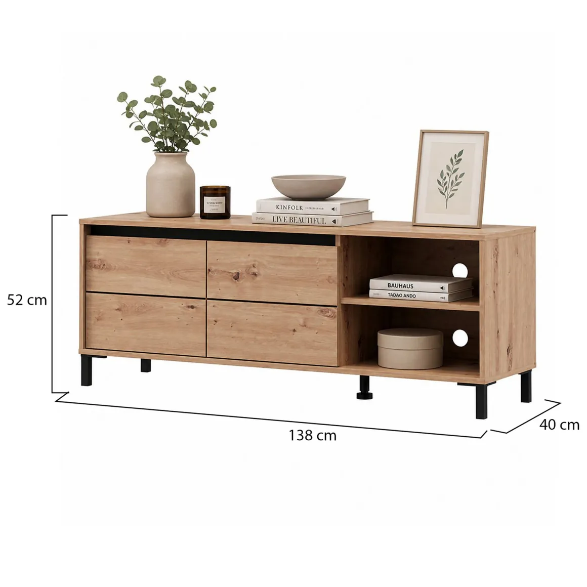Mobile Porta tv Marrone Rovere Nodi Nero 2 Ripiani 2 Ante 138x40x52h cm, con Piedini - Cigno