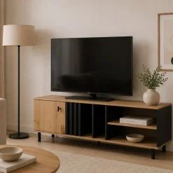 Mobili Porta Tv > Dmora Mobile Porta tv Marrone Rovere Nodi Nero 3 Ripiani Un'anta 137.5x40x57.5h cm, 4 Vani - Platania Nero, Marrone Rovere Nodi