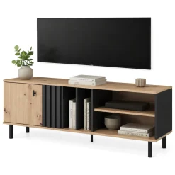Mobili Porta Tv > Dmora Mobile Porta tv Marrone Rovere Nodi Nero 3 Ripiani Un'anta 137.5x40x57.5h cm, 4 Vani - Platania Nero, Marrone Rovere Nodi