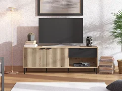 Mobili Porta Tv > Dmora Mobile Porta tv Marrone Rovere Nodi Nero un Cassetto 2 Ripiani 157x40x52.5h cm, Apertura Battente, Scorrevole - Scala Nero, Marrone Rovere Nodi