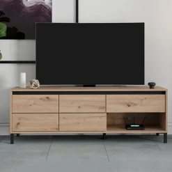 Mobili Porta Tv > Dmora Mobile Porta tv Marrone Rovere Nodi Nero un Cassetto un Ripiano 183x40x52h cm, 2 Ante - Celico Nero, Marrone Rovere Nodi