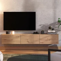 Mobile Porta tv Marrone Rovere Nodi un Ripiano 3 Ante 192x41.5x32h cm, Anta Effetto Rigato - Melazzo