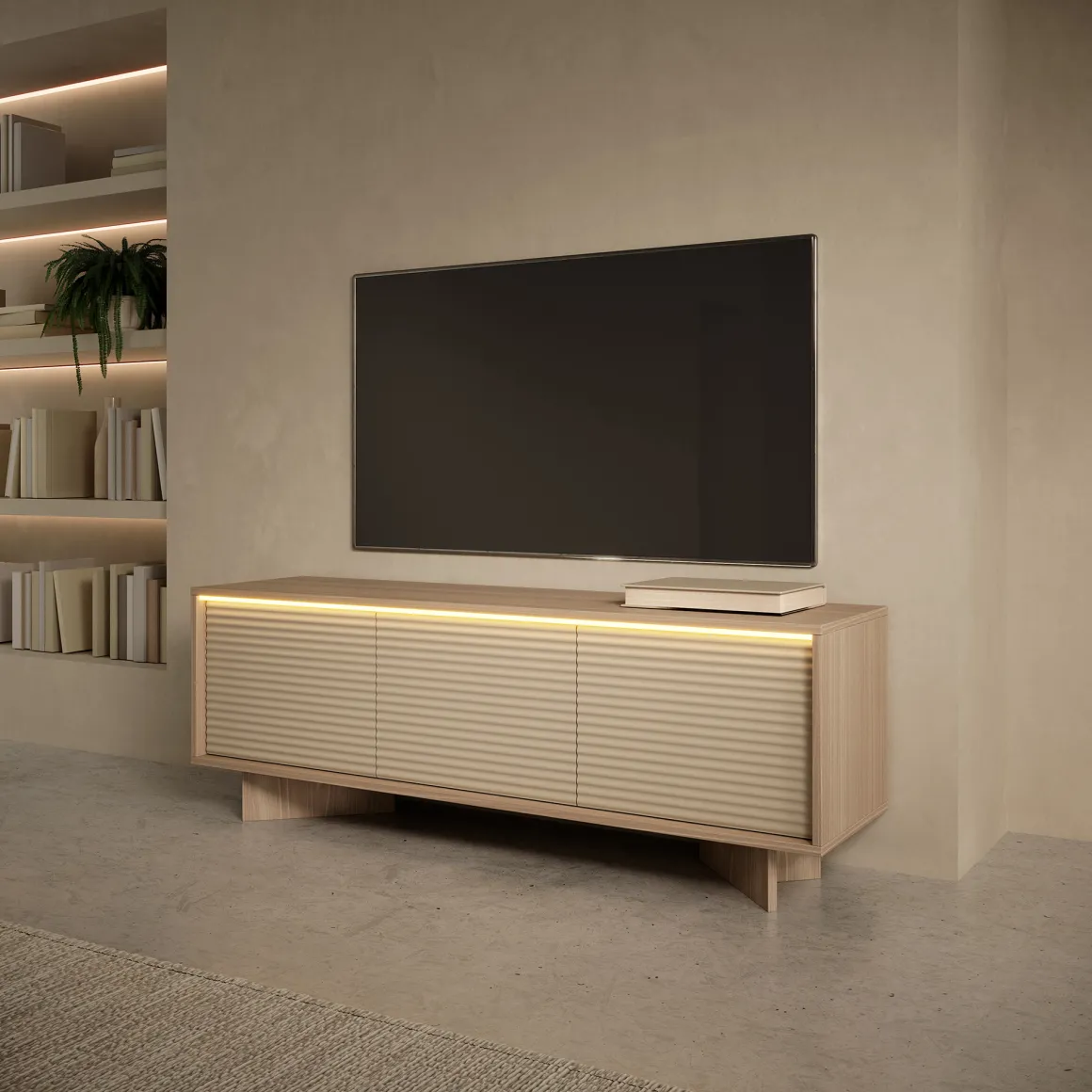 Mobile Porta tv Marrone Rovere un Ripiano 3 Ante 154x40x54h cm, Ante Effetto Rigato con led - Kamele
