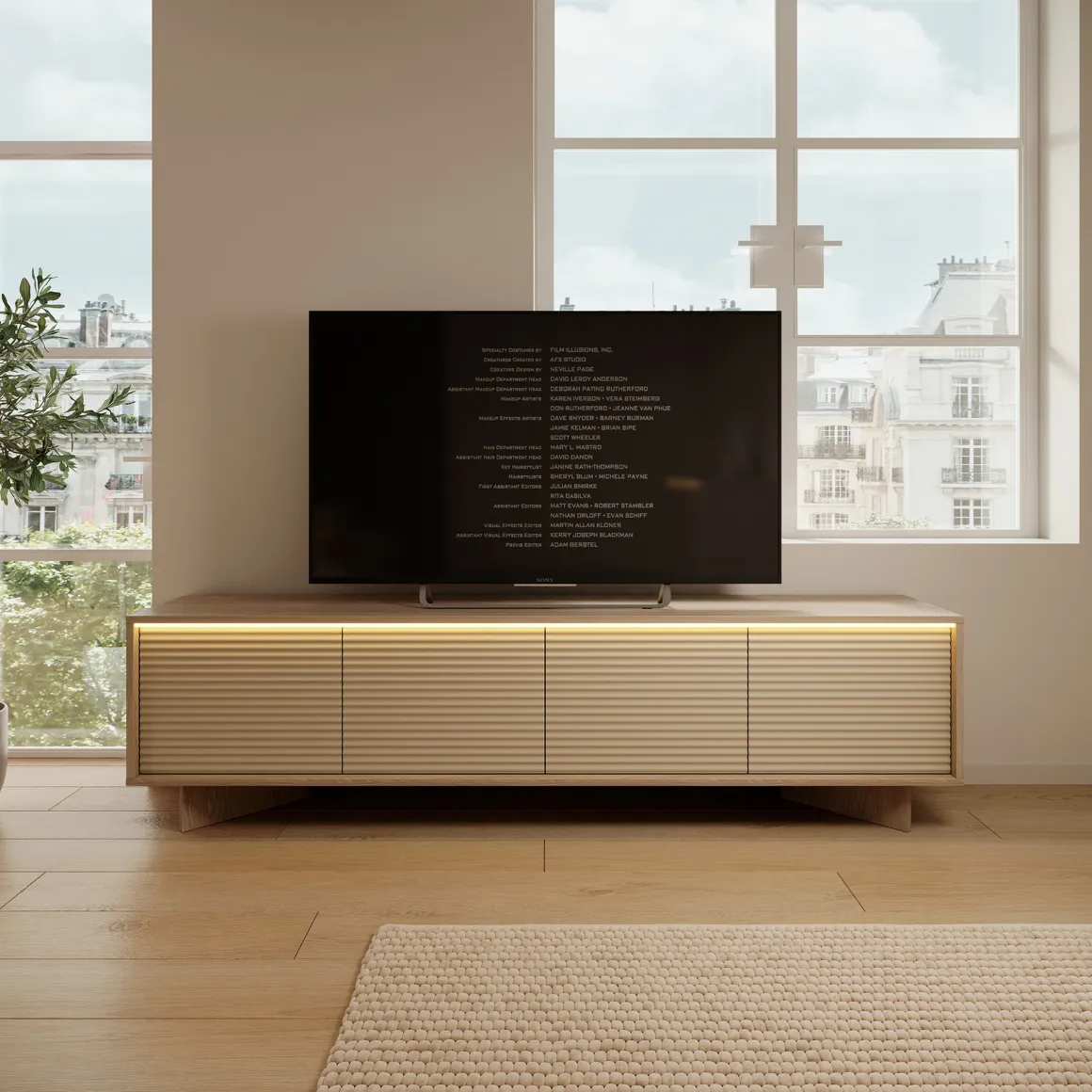 Mobile Porta tv Marrone Rovere un Ripiano 4 Ante 204x40x54h cm, Ante Effetto Rigato con led - Kame