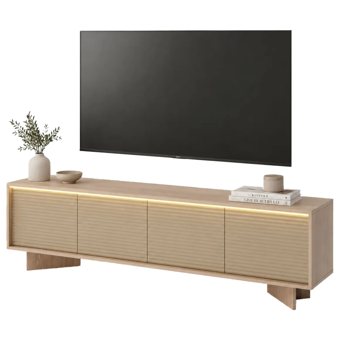 Mobile Porta tv Marrone Rovere un Ripiano 4 Ante 204x40x54h cm, Ante Effetto Rigato con led - Kame
