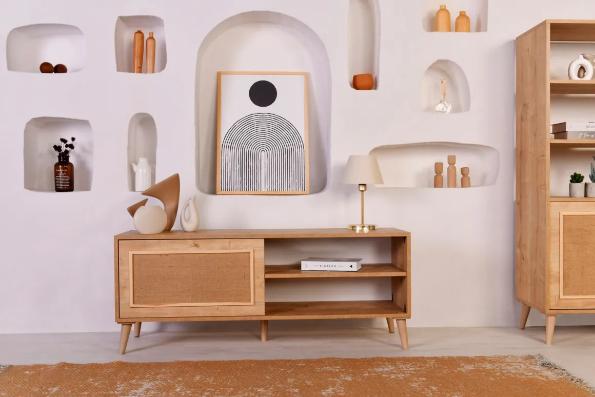 Mobile Porta tv Marrone Rovere un Ripiano Apertura a Ribalta 138x41x55h cm, Un'anta - Pesio