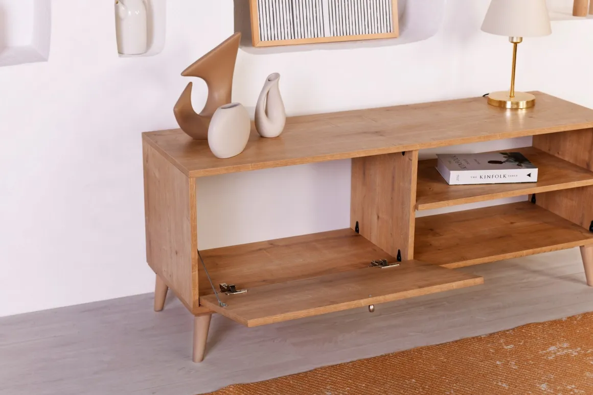 Mobile Porta tv Marrone Rovere un Ripiano Apertura a Ribalta 138x41x55h cm, Un'anta - Pesio