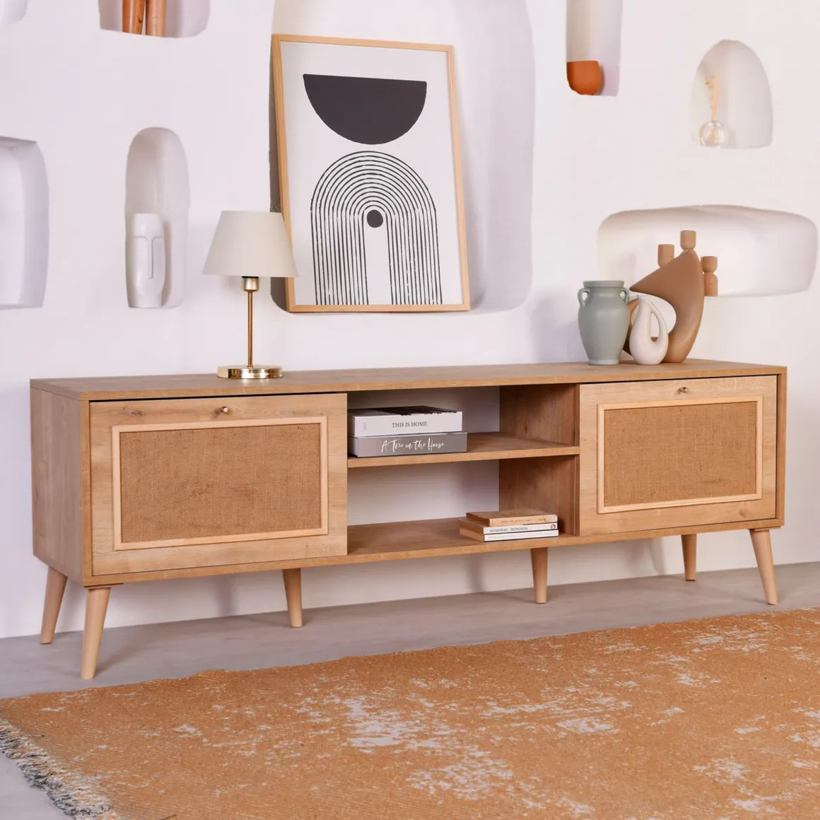 Mobile Porta tv Marrone Rovere un Ripiano Apertura a Ribalta 180x41x55h cm, 2 Ante - Leffe