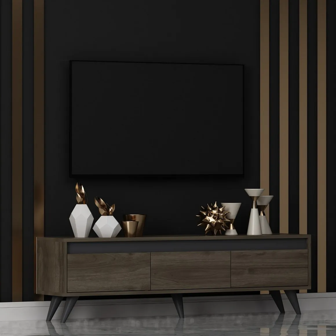 Mobile Porta tv Marrone Scuro 3 Vani 3 Ante 150x30x45h cm, Apertura a Ribalta - Romeno