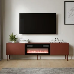 Mobili Porta Tv > Dmora Mobile Porta tv un Ripiano 2 Ante 200x42x57h cm, Caminetto Incluso - Vermezzo Marrone Terracotta