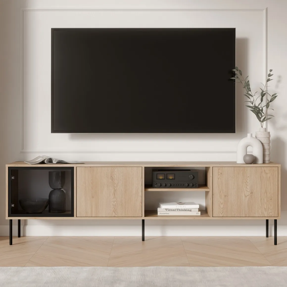 Mobile Porta tv Marrone un Ripiano 3 Ante 200x40x60h cm, Anta Dettaglio Vetro - Fiuggi