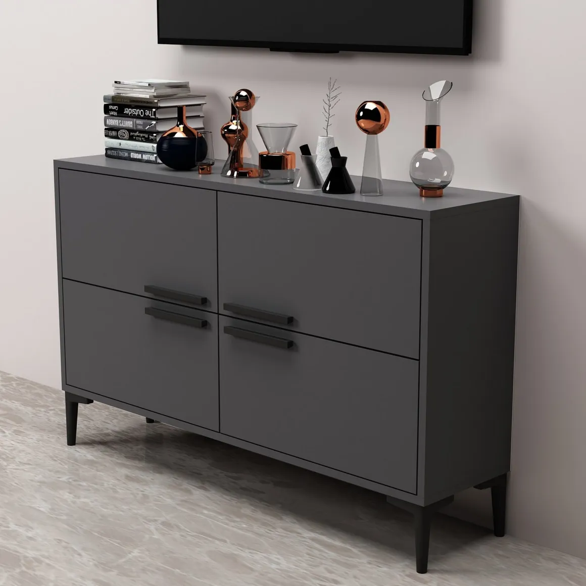 Mobili Porta Tv > Dmora Mobile Porta tv 2 Vani 2 Ante 160x25x40h cm, Apertura a Ribalta - Atestino Nero Antracite