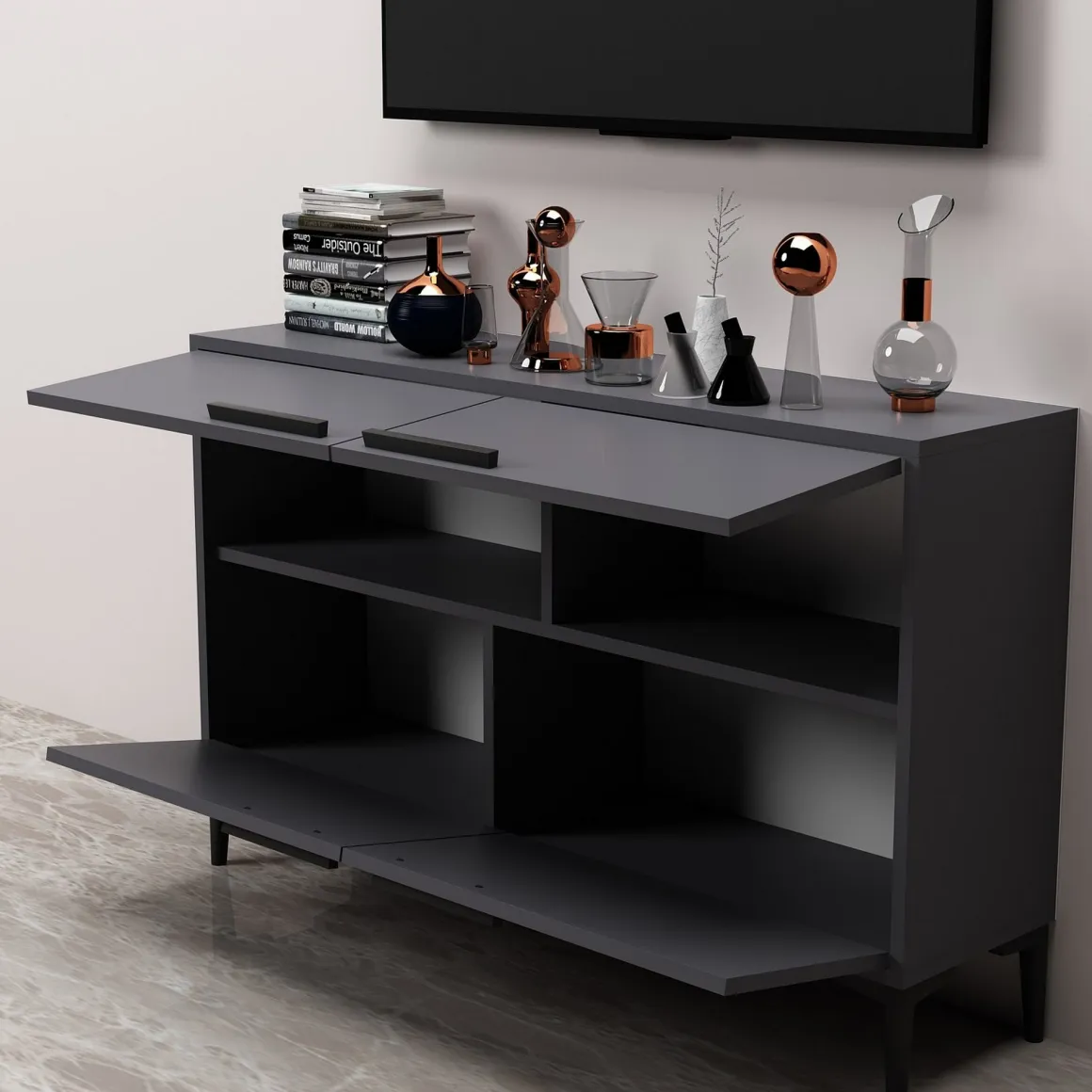 Mobili Porta Tv > Dmora Mobile Porta tv 2 Vani 2 Ante 160x25x40h cm, Apertura a Ribalta - Atestino Nero Antracite