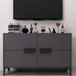 Mobili Porta Tv > Dmora Mobile Porta tv 2 Vani 2 Ante 160x25x40h cm, Apertura a Ribalta - Atestino Nero Antracite