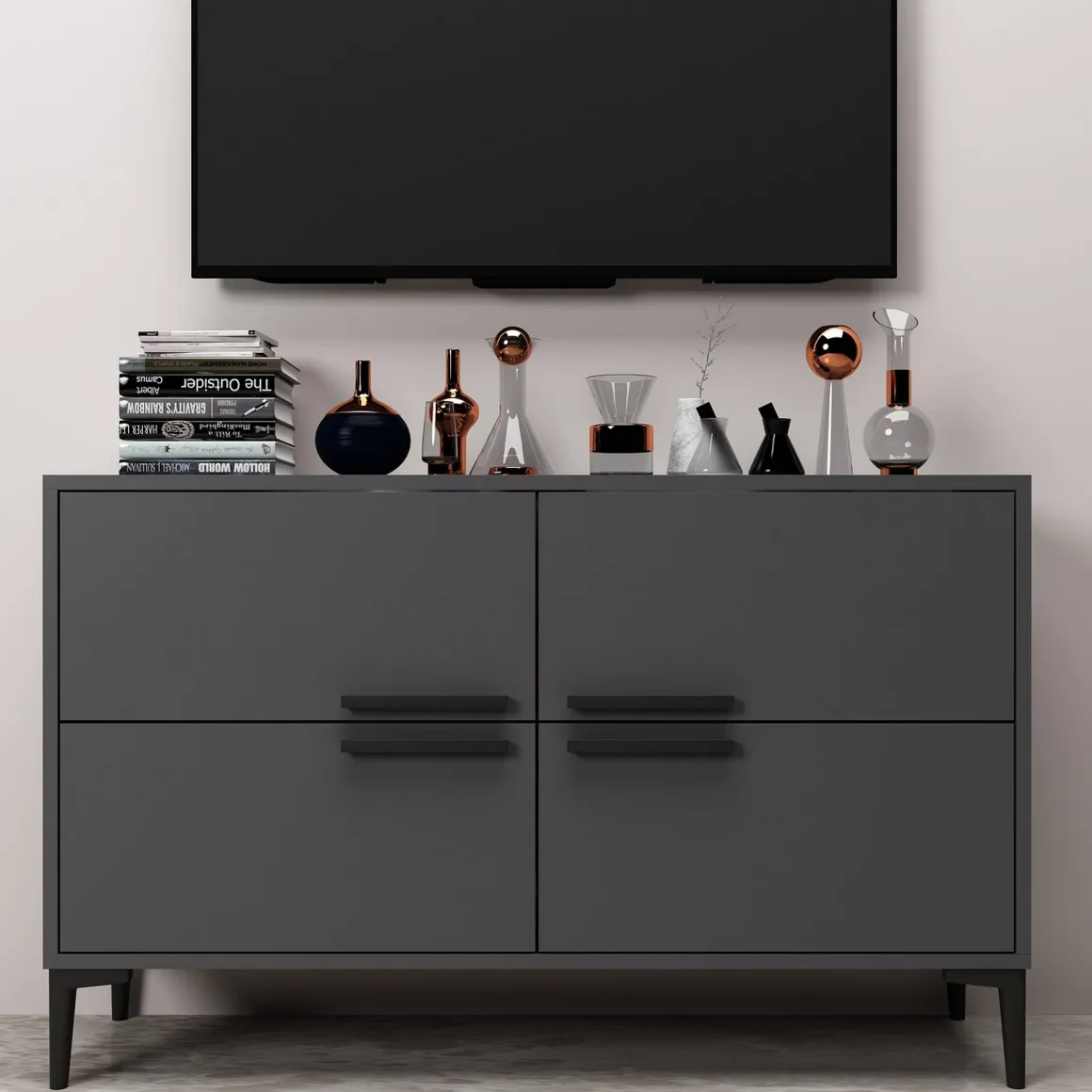 Mobili Porta Tv > Dmora Mobile Porta tv 2 Vani 2 Ante 160x25x40h cm, Apertura a Ribalta - Atestino Nero Antracite