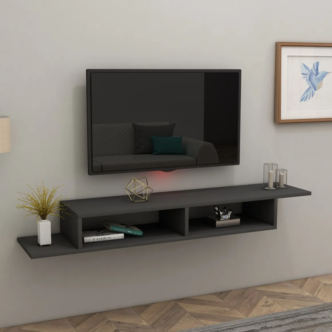 Mobili Porta Tv > Dmora Mobile Porta tv 3 Vani 3 Ante 160x32x35h cm, Apertura a Ribalta - Surrigone Nero Antracite