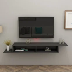 Mobili Porta Tv > Dmora Mobile Porta tv 3 Vani 3 Ante 160x32x35h cm, Apertura a Ribalta - Surrigone Nero Antracite