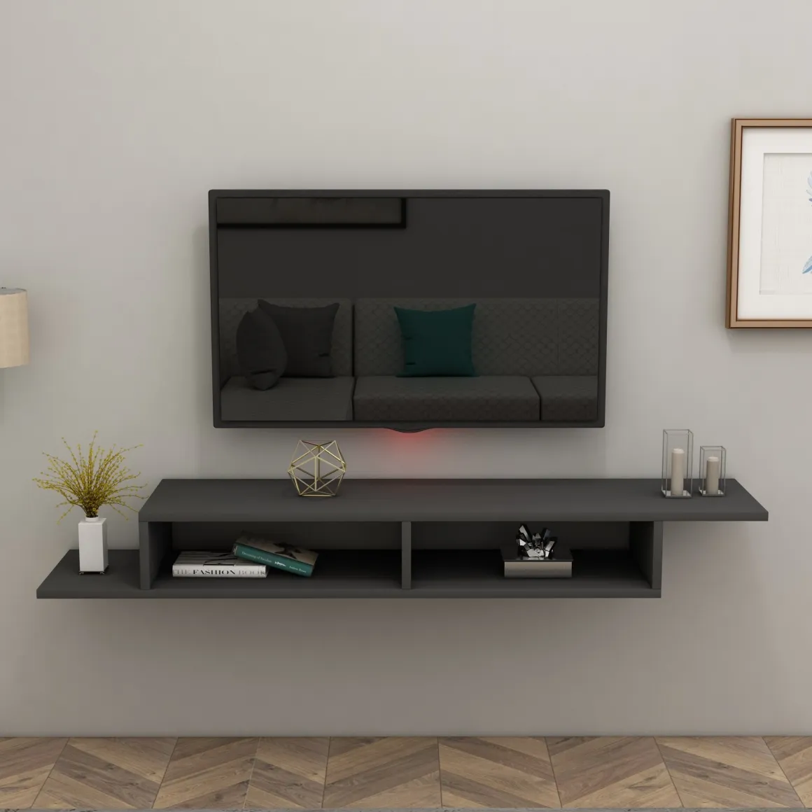 Mobili Porta Tv > Dmora Mobile Porta tv 3 Vani 3 Ante 160x32x35h cm, Apertura a Ribalta - Surrigone Nero Antracite