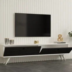 Mobile Porta tv Nero Antracite Bianco 2 Ante Apertura a Ribalta 160x25x35h cm, 2 Vani - Tresana