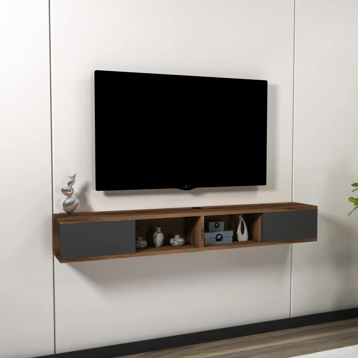 Mobile Porta tv Nero Antracite Marrone Noce 2 Ante Peso Supportato 40 kg 140x22x20h cm, Installazione Sospeso - Ispica