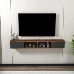 Mobile Porta tv Nero Antracite Marrone Noce 2 Ante Peso Supportato 40 kg 140x22x20h cm, Installazione Sospeso - Ispica