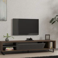 Mobile Porta tv Nero Antracite Marrone Noce un Ripiano Un'anta 160x40x35h cm, 5 Vani - Sovico