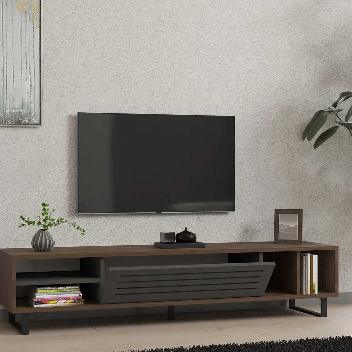 Mobile Porta tv Nero Antracite Marrone Noce un Ripiano Un'anta 160x40x35h cm, 5 Vani - Sovico