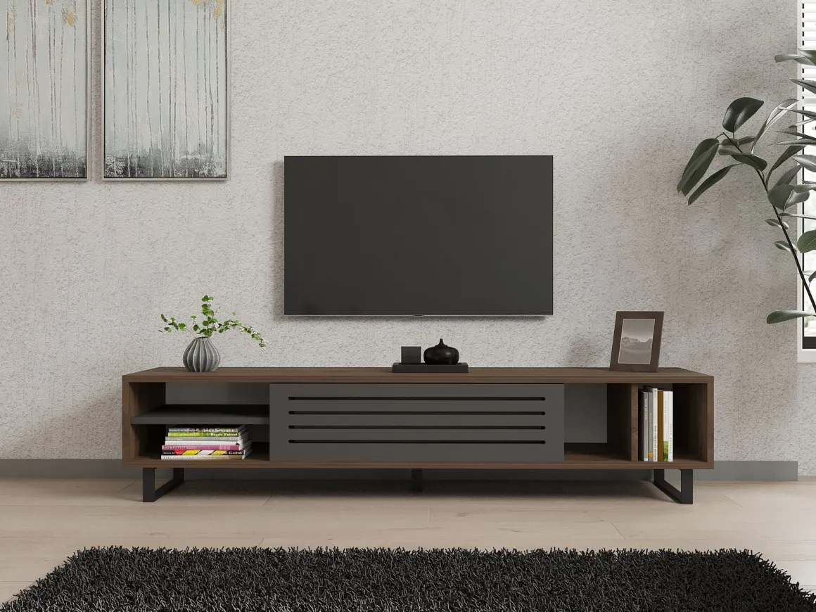 Mobile Porta tv Nero Antracite Marrone Noce un Ripiano Un'anta 160x40x35h cm, 5 Vani - Sovico