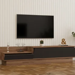 Mobile Porta tv Nero Antracite Marrone Rovere 2 Ante Apertura a Ribalta 160x35x35h cm, 2 Vani - Persico