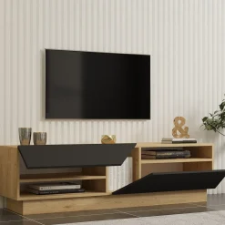 Mobile Porta tv Nero Antracite Marrone Rovere 2 Ripiani 2 Ante 160x40x45h cm, 5 Vani - Spilinga