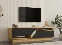 Mobile Porta tv Nero Antracite Marrone Rovere 2 Ripiani 2 Ante 160x40x45h cm, 5 Vani - Spilinga