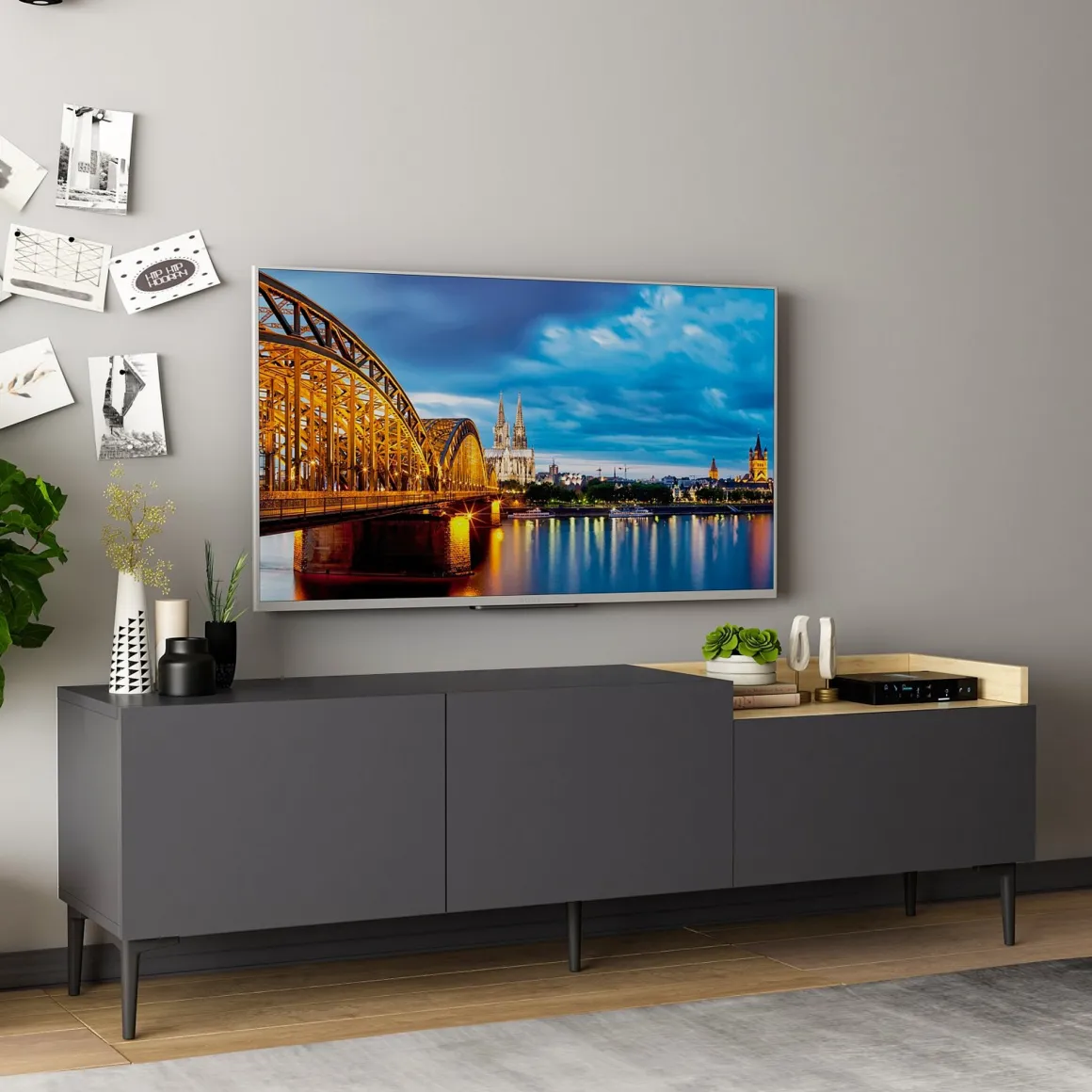 Mobile Porta tv Nero Antracite Marrone Rovere 3 Ante Apertura a Ribalta 160x37x48h cm, 3 Vani - Postal