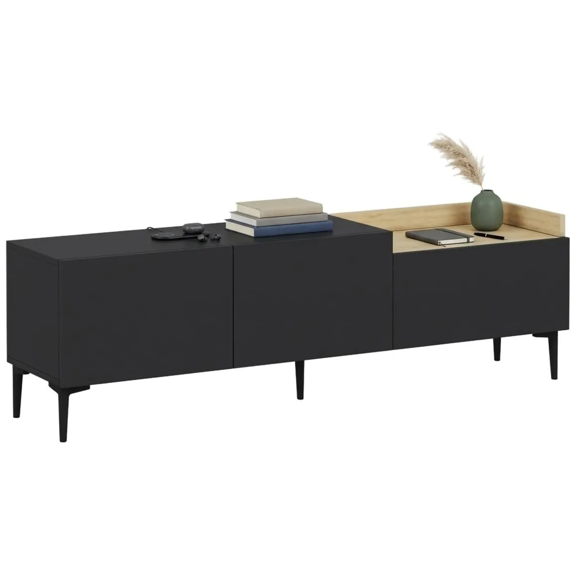 Mobile Porta tv Nero Antracite Marrone Rovere 3 Ante Apertura a Ribalta 160x37x48h cm, 3 Vani - Postal
