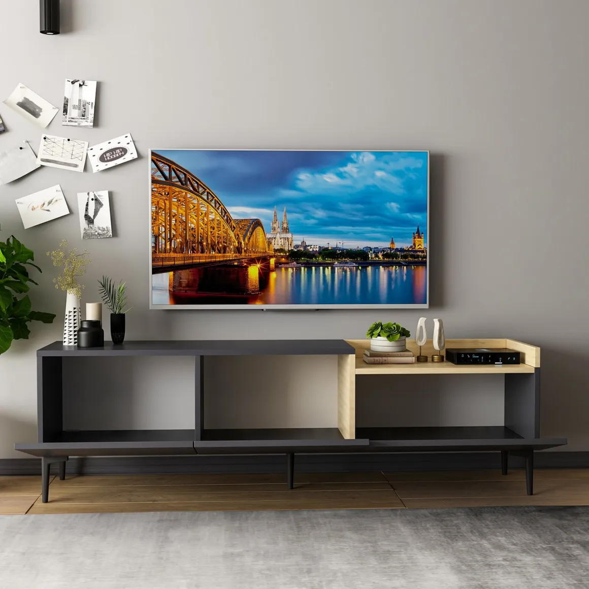 Mobile Porta tv Nero Antracite Marrone Rovere 3 Ante Apertura a Ribalta 160x37x48h cm, 3 Vani - Postal