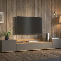 Mobile Porta tv Nero Antracite Marrone Rovere 3 Ripiani 3 Ante 200x35x30h cm, 4 Vani Made in Italy - Oxanna