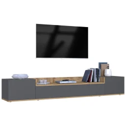 Mobile Porta tv Nero Antracite Marrone Rovere 3 Ripiani 3 Ante 200x35x30h cm, 4 Vani Made in Italy - Oxanna