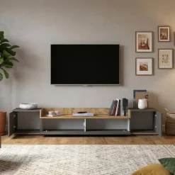Mobili Porta Tv > Dmora Mobile Porta tv Nero Antracite Marrone Rovere Modulabile un Ripiano 200x30x31h cm, 2 Ante - Sindia Marrone Rovere, Nero Antracite