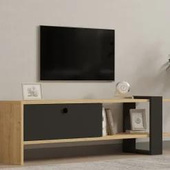 Mobile Porta tv Nero Antracite Marrone Rovere Un'anta Apertura a Ribalta 120x25x37h cm, 2 Vani - Taurasi