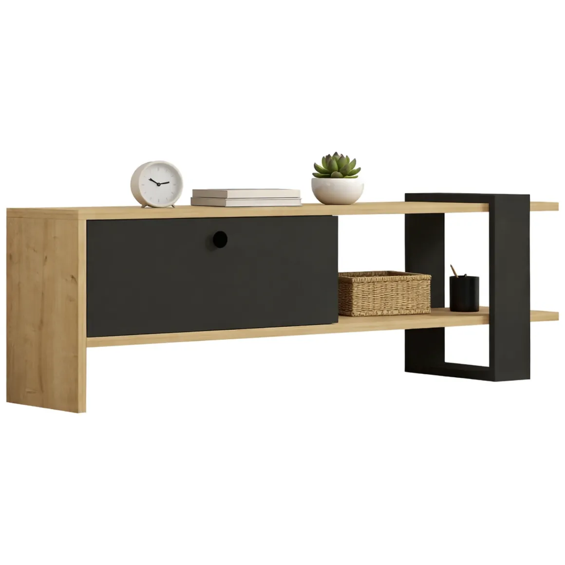 Mobili Porta Tv > Dmora Mobile Porta tv Nero Antracite Marrone Rovere un Ripiano 2 Ante 160x30x37h cm, 4 Vani - Tribano Marrone Rovere, Nero Antracite