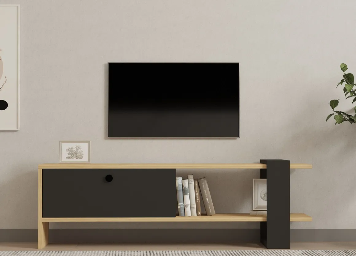 Mobili Porta Tv > Dmora Mobile Porta tv Nero Antracite Marrone Rovere un Ripiano 2 Ante 160x30x37h cm, 4 Vani - Tribano Marrone Rovere, Nero Antracite