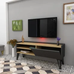 Mobile Porta tv Nero Antracite Marrone Rovere un Ripiano Un'anta 120x33x50h cm, 3 Vani - Cremia
