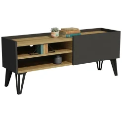 Mobile Porta tv Nero Antracite Marrone Rovere un Ripiano Un'anta 120x33x50h cm, 3 Vani - Cremia