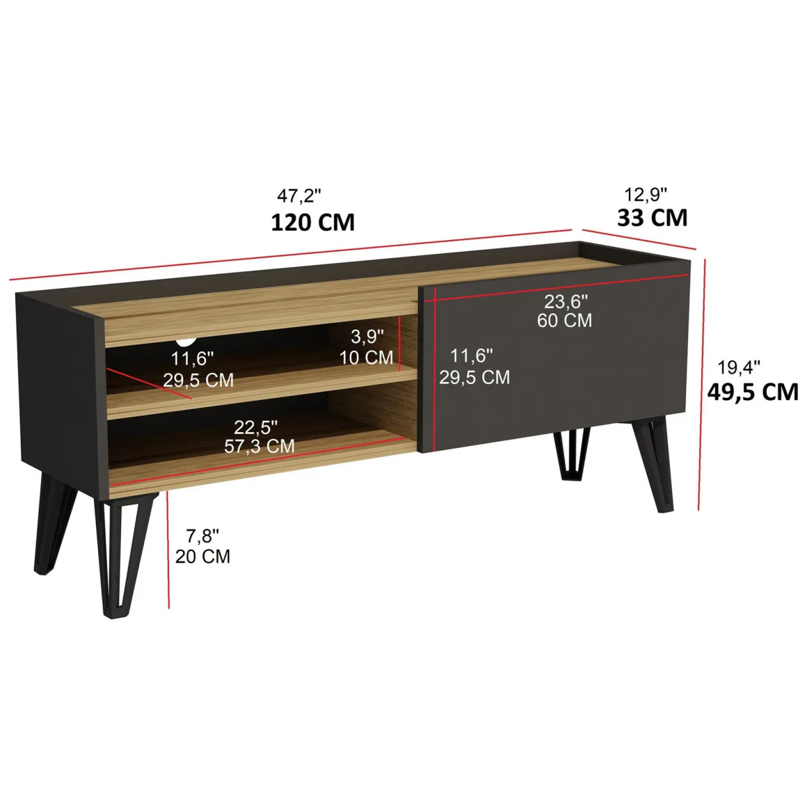 Mobile Porta tv Nero Antracite Marrone Rovere un Ripiano Un'anta 120x33x50h cm, 3 Vani - Cremia