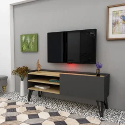 Mobile Porta tv Nero Antracite Marrone Rovere un Ripiano Un'anta 120x33x50h cm, 3 Vani - Cremia