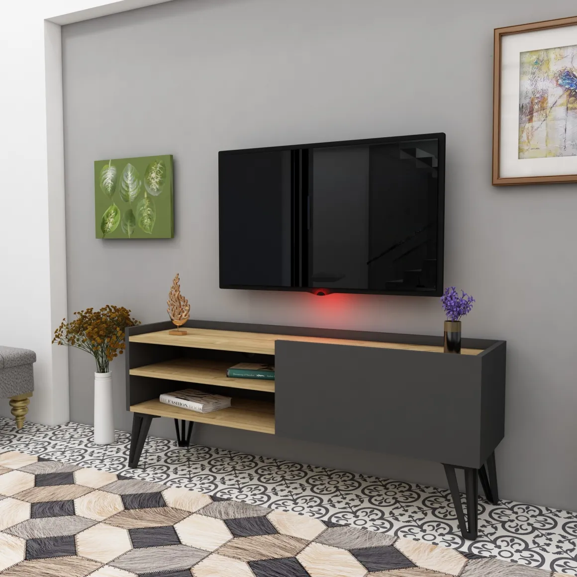 Mobile Porta tv Nero Antracite Marrone Rovere un Ripiano Un'anta 120x33x50h cm, 3 Vani - Cremia