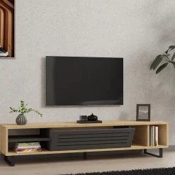Mobile Porta tv Nero Antracite Marrone Rovere un Ripiano Un'anta 160x40x35h cm, 5 Vani - Sovico