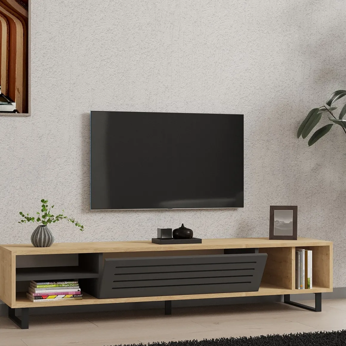 Mobile Porta tv Nero Antracite Marrone Rovere un Ripiano Un'anta 160x40x35h cm, 5 Vani - Sovico