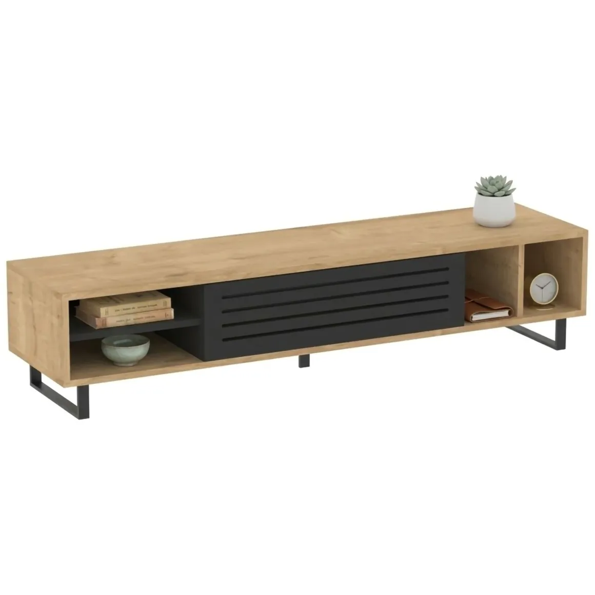 Mobile Porta tv Nero Antracite Marrone Rovere un Ripiano Un'anta 160x40x35h cm, 5 Vani - Sovico