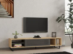 Mobile Porta tv Nero Antracite Marrone Rovere un Ripiano Un'anta 160x40x35h cm, 5 Vani - Sovico