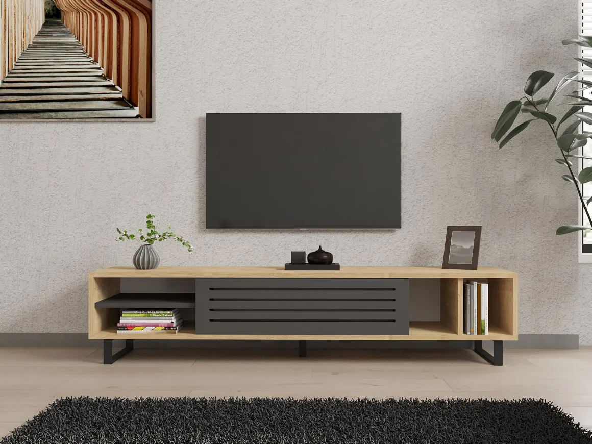 Mobile Porta tv Nero Antracite Marrone Rovere un Ripiano Un'anta 160x40x35h cm, 5 Vani - Sovico